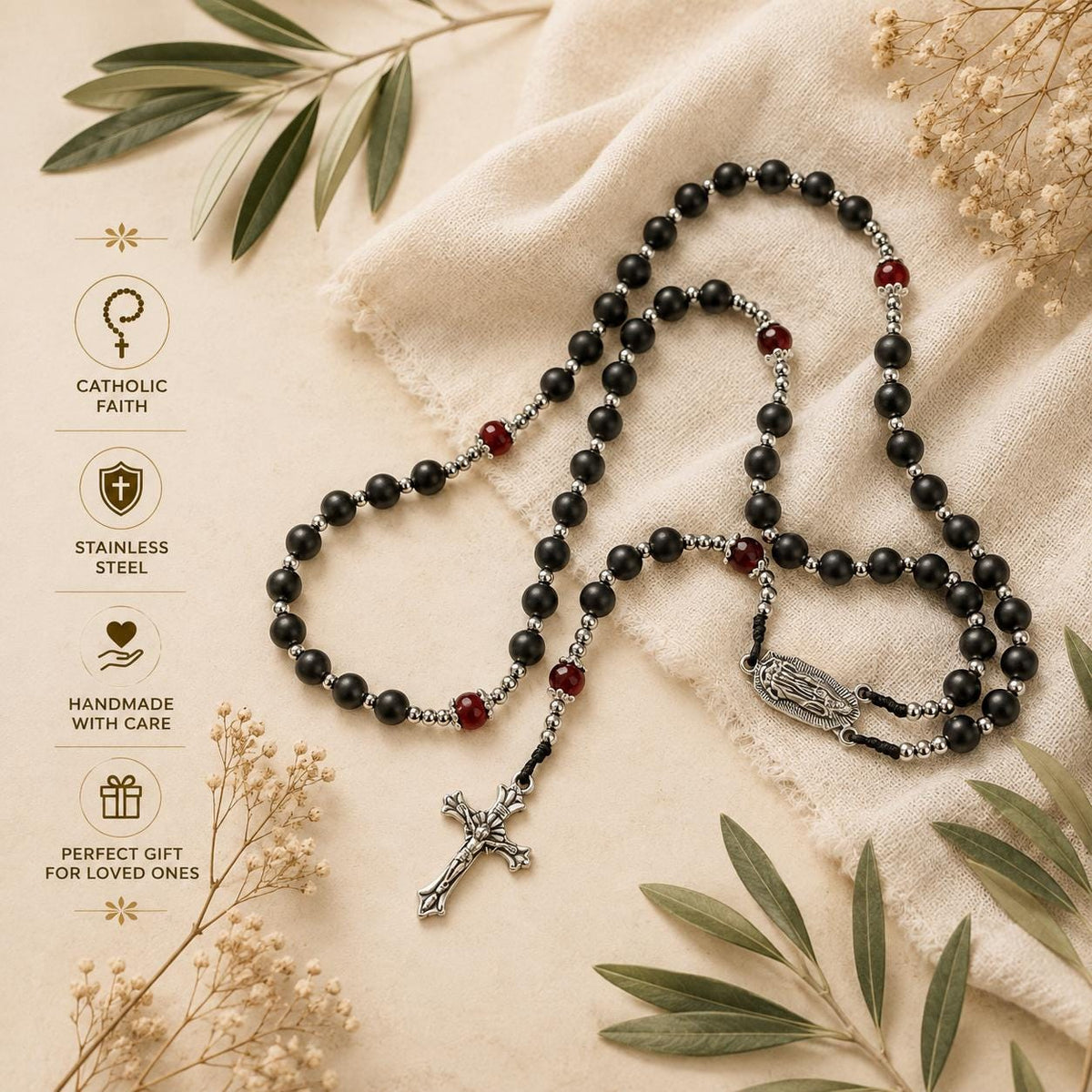 Black Onyx Catholic Rosary – Our Lady of Guadalupe | Handmade