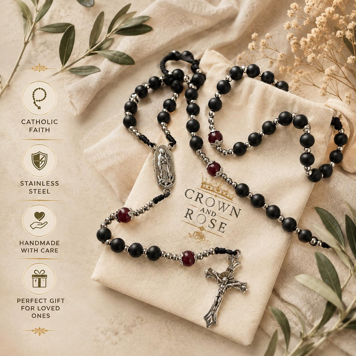 Black Onyx Catholic Rosary – Our Lady of Guadalupe | Handmade