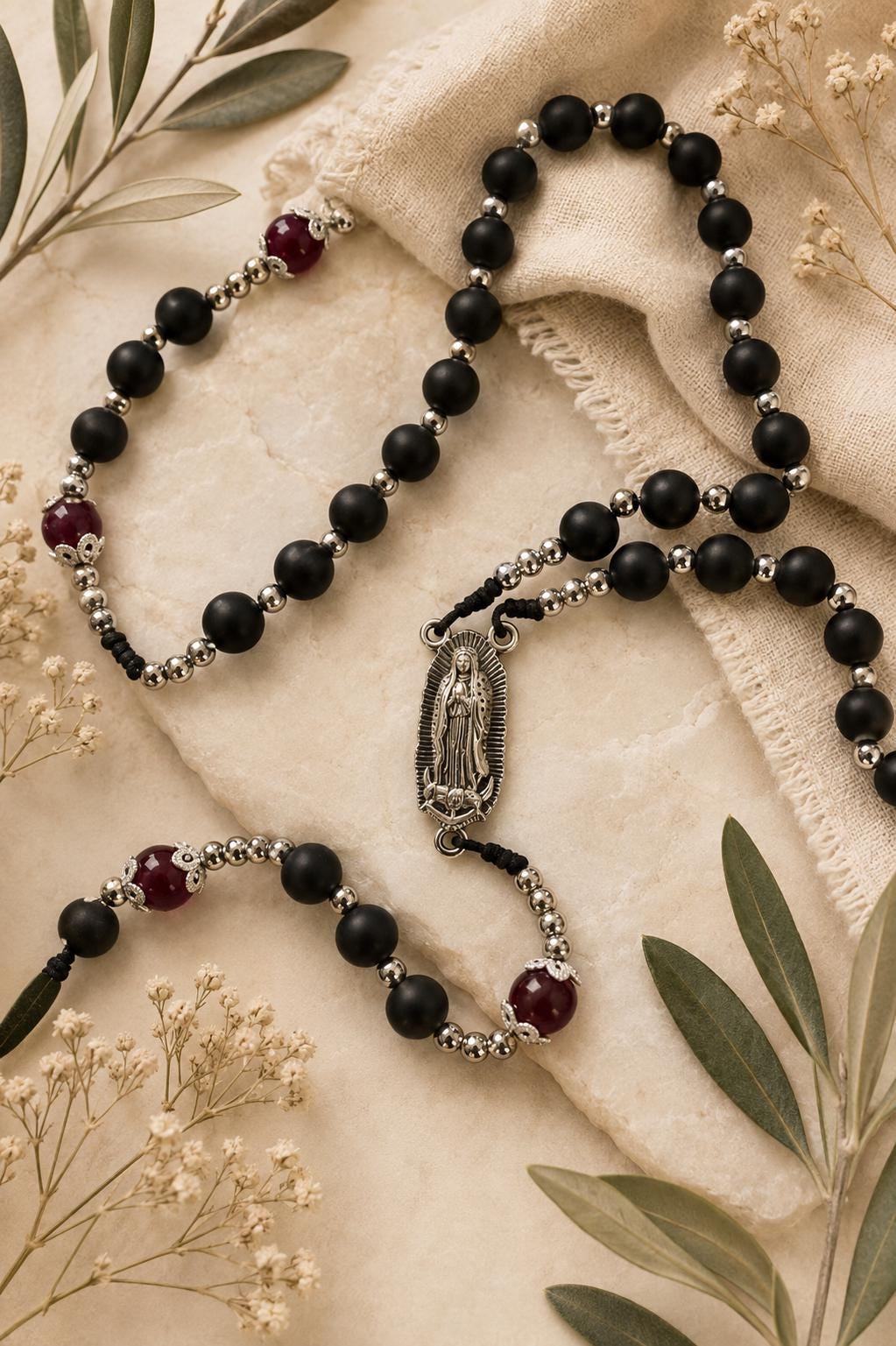 Black Onyx Catholic Rosary – Our Lady of Guadalupe | Handmade