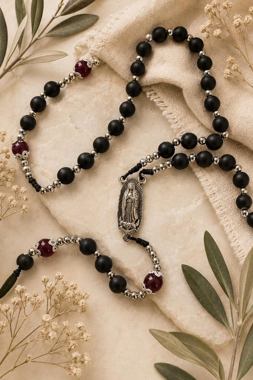 Black Onyx Catholic Rosary – Our Lady of Guadalupe | Handmade