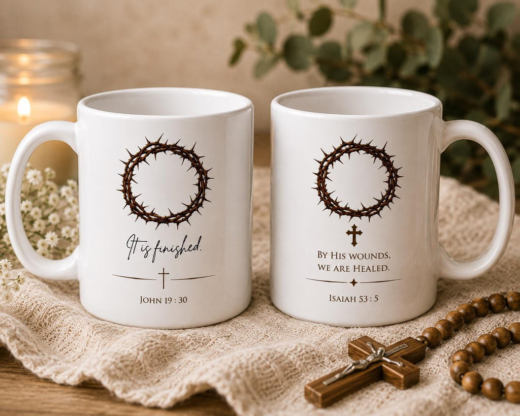 Crown of Thorns Mug, "It Is Finished" Christian Coffee Mug, Scripture Faith Ceramic