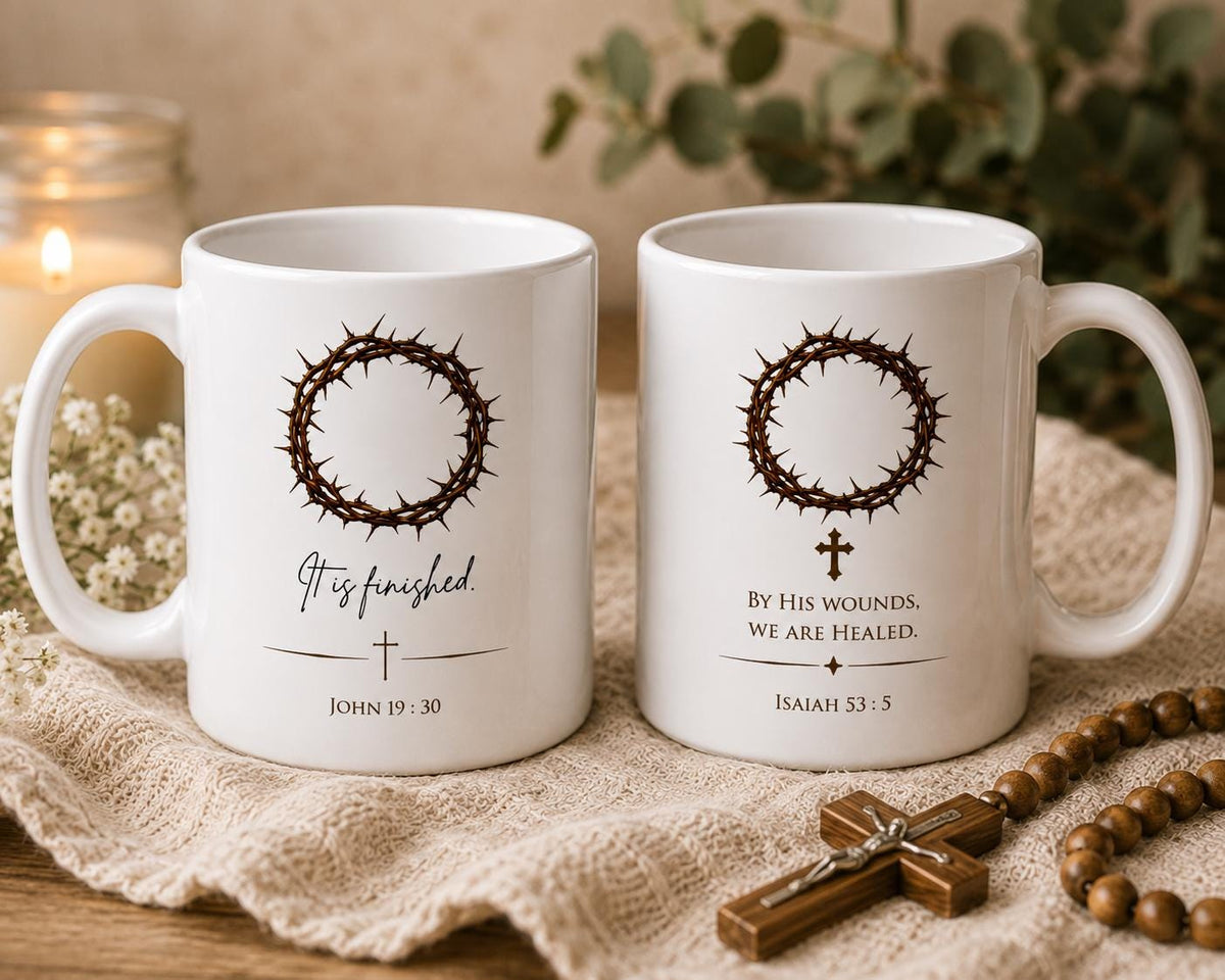 Crown of Thorns Mug, "It Is Finished" Christian Coffee Mug, Scripture Faith Ceramic