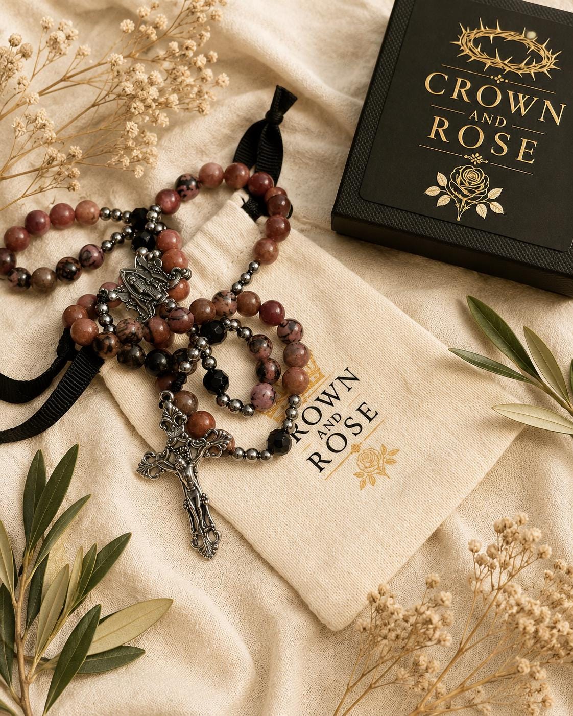 Natural Rhodonite Rosary with Black Crystal Beads | Handcrafted Catholic Gift