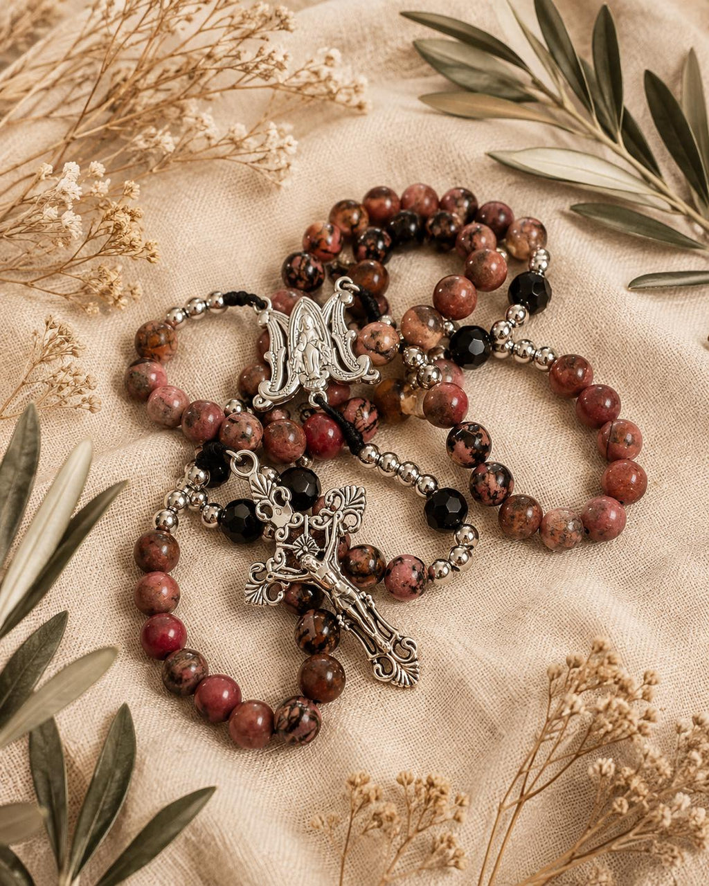 Natural Rhodonite Rosary with Black Crystal Beads | Handcrafted Catholic Gift