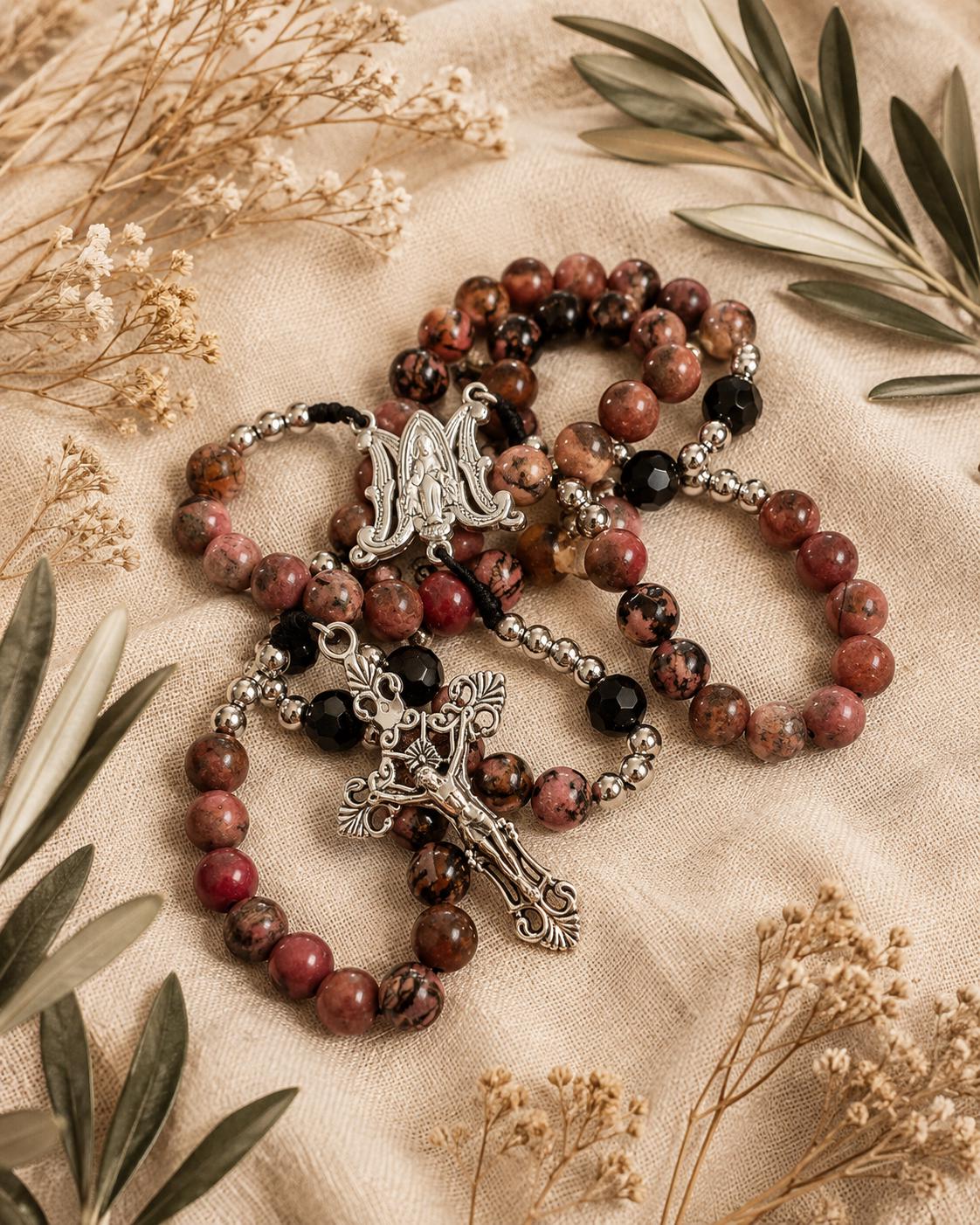 Natural Rhodonite Rosary with Black Crystal Beads | Handcrafted Catholic Gift