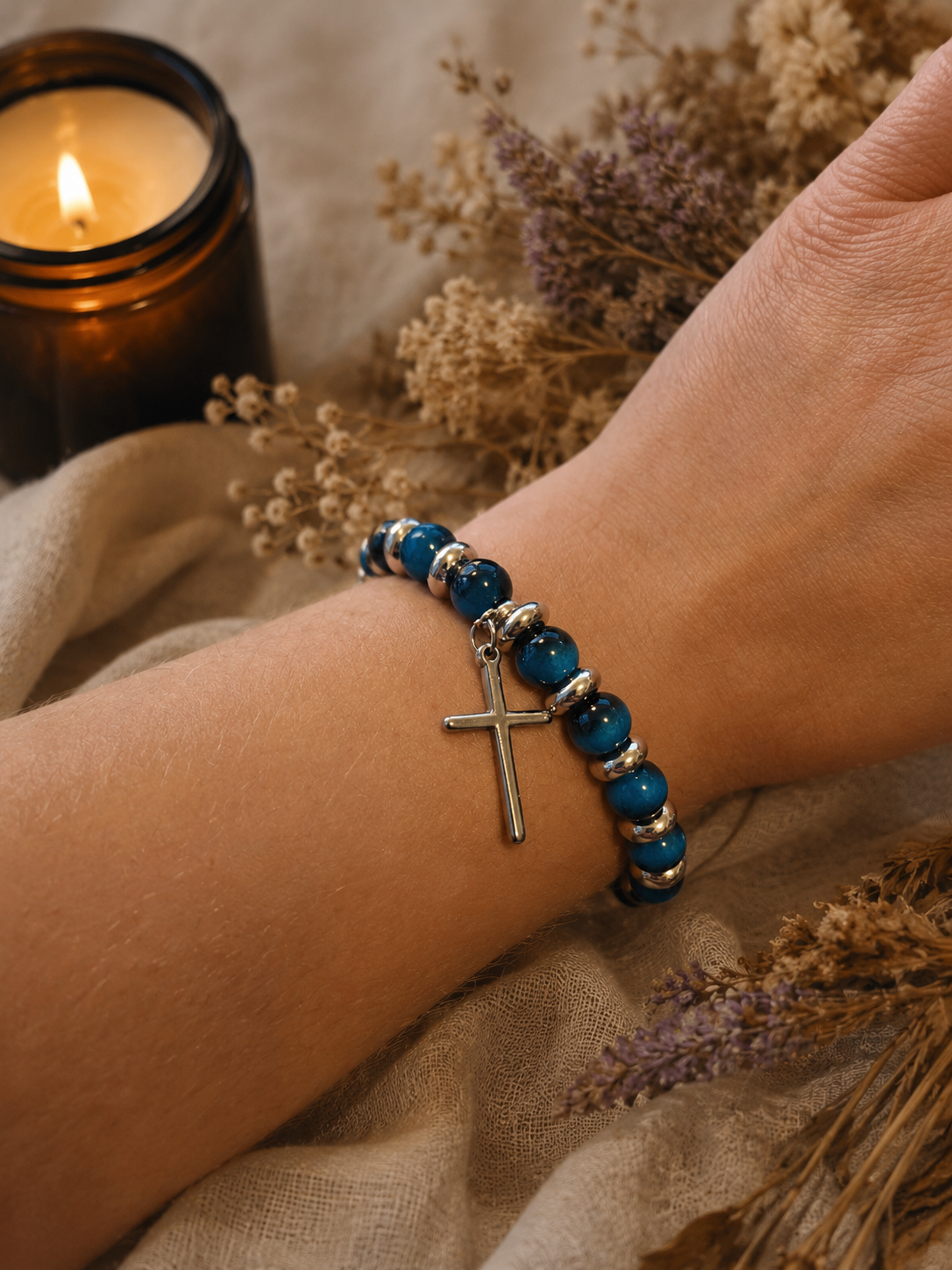 Tiger Eye Style Glass Beads Cross Bracelet