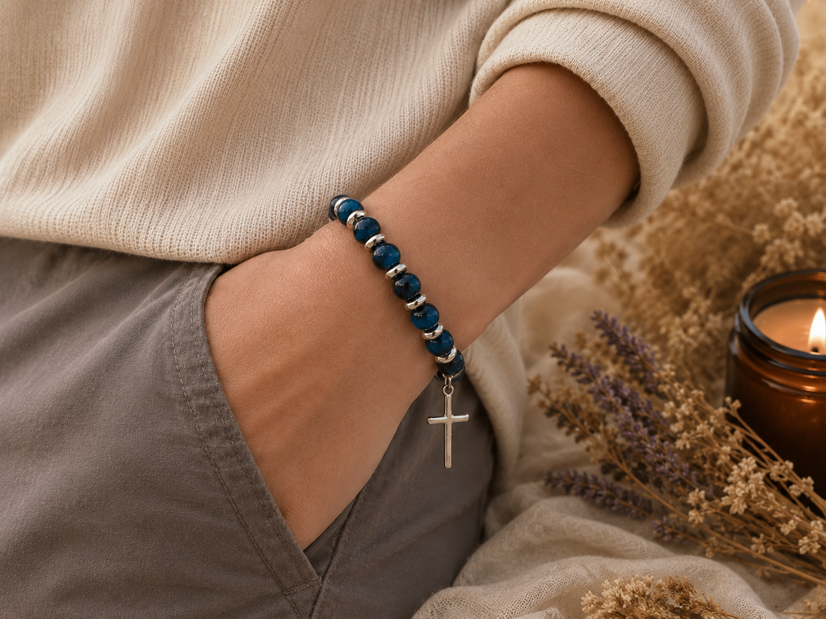 Tiger Eye Style Glass Beads Cross Bracelet