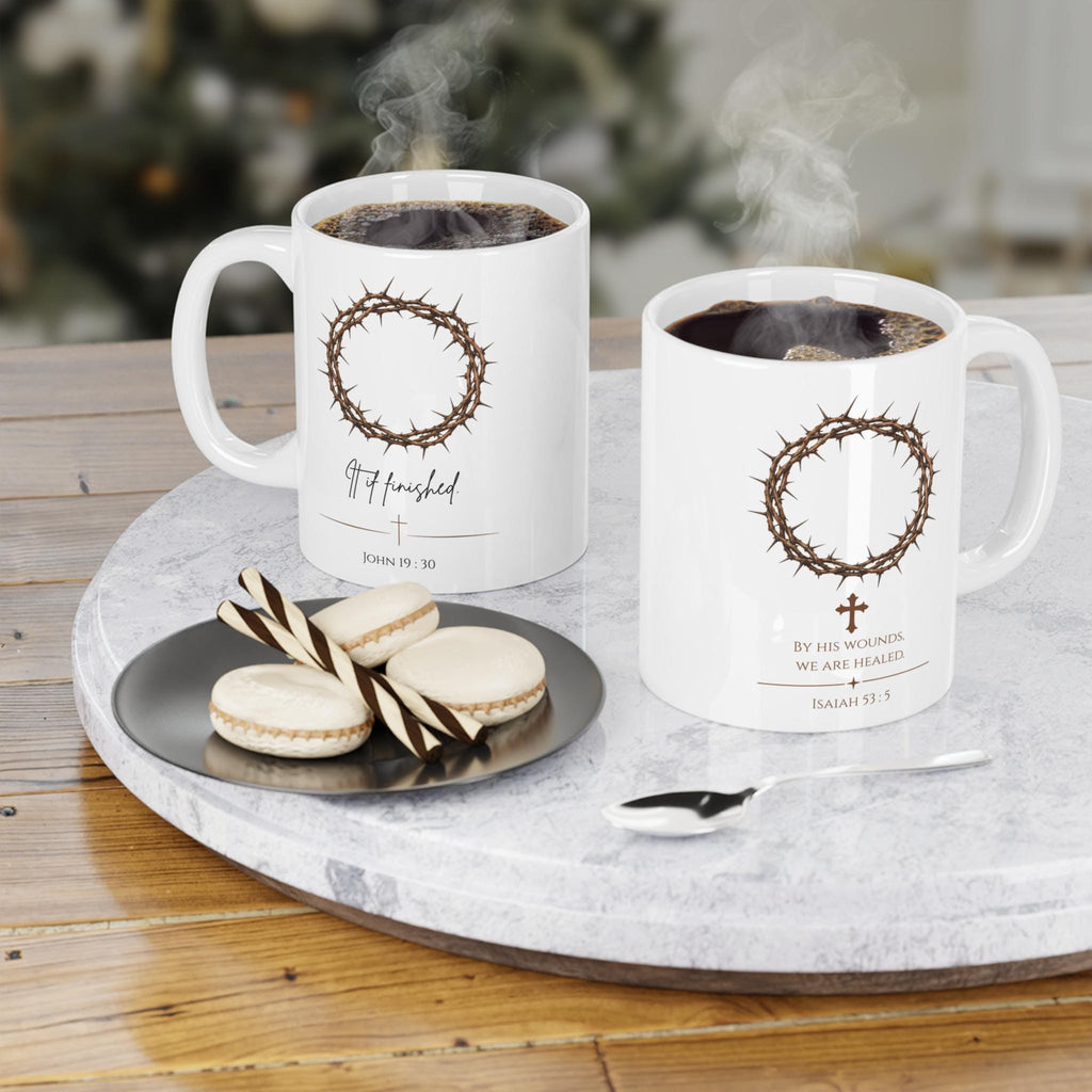 Crown of Thorns Mug, "It Is Finished" Christian Coffee Mug, Scripture Faith Ceramic