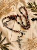 Natural Rhodonite Rosary with Black Crystal Beads | Handcrafted Catholic Gift