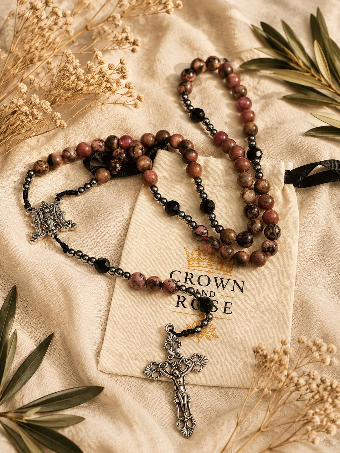 Natural Rhodonite Rosary with Black Crystal Beads | Handcrafted Catholic Gift