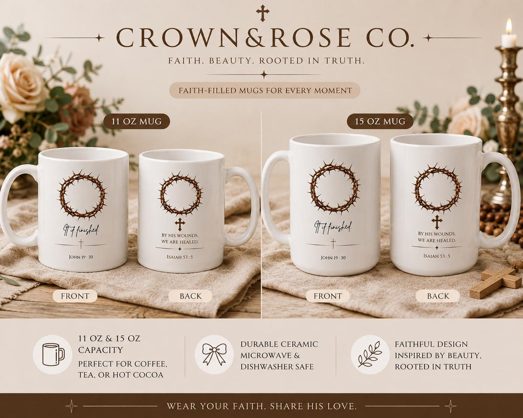 Crown of Thorns Mug, "It Is Finished" Christian Coffee Mug, Scripture Faith Ceramic